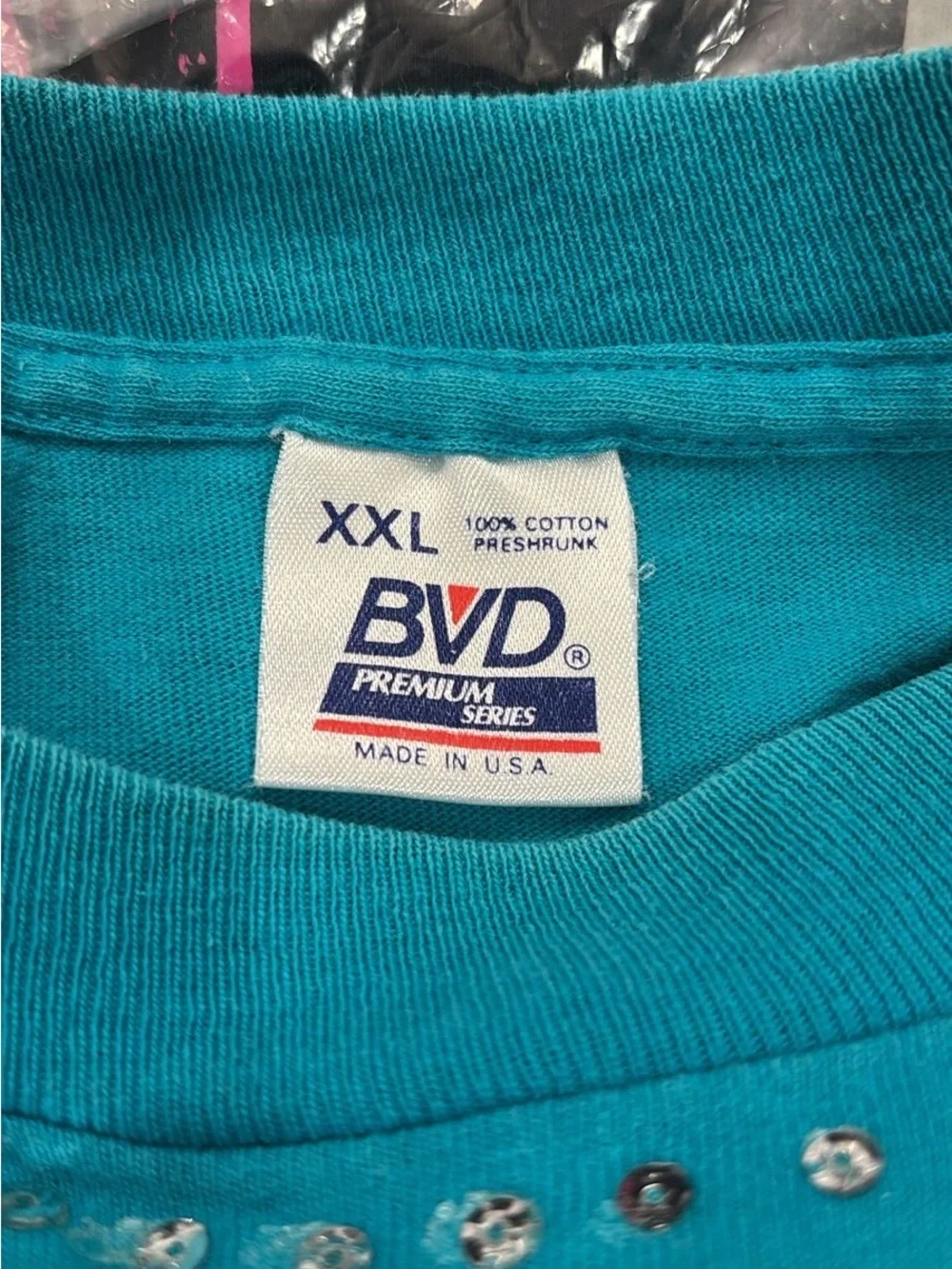 Vintage 90s BVD Premium Series Teal Cat T-Shirt XXL Made in USA Sequin Bedazzled